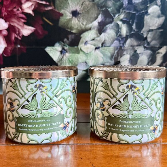 NEW 2-Pc BACKYARD HONEYSUCKLE 3-Wick 14.5 oz Candles Bath & Body Works - Picture 1 of 4